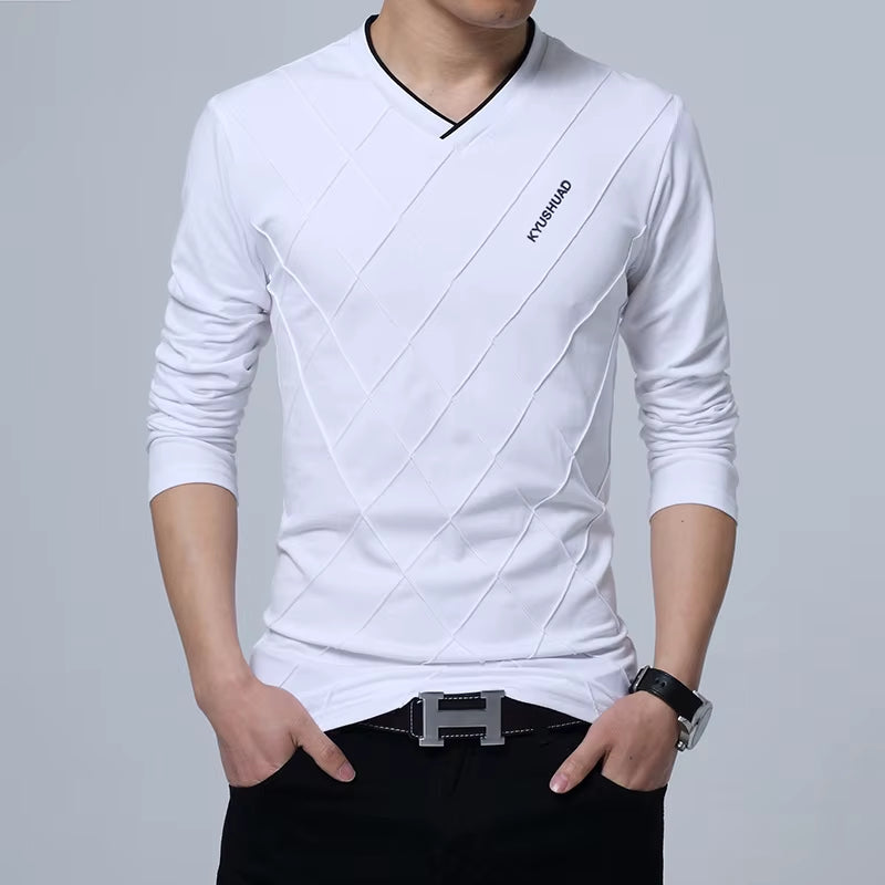 2025 Fashion Men T-Shirt Slim Fit Custom T-Shirt Crease Design Long Stylish Luxury V Neck Fitness T-Shirt Tee Shirt Homme