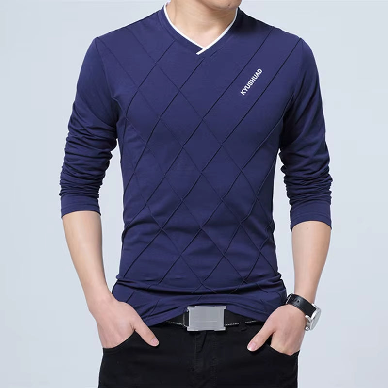 2025 Fashion Men T-Shirt Slim Fit Custom T-Shirt Crease Design Long Stylish Luxury V Neck Fitness T-Shirt Tee Shirt Homme
