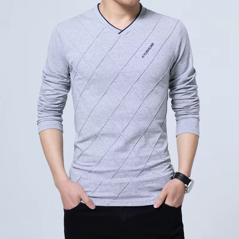 2025 Fashion Men T-Shirt Slim Fit Custom T-Shirt Crease Design Long Stylish Luxury V Neck Fitness T-Shirt Tee Shirt Homme