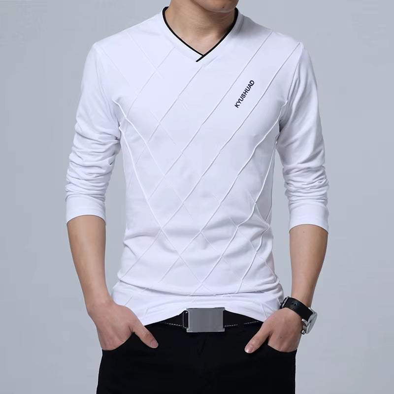 2025 Fashion Men T-Shirt Slim Fit Custom T-Shirt Crease Design Long Stylish Luxury V Neck Fitness T-Shirt Tee Shirt Homme