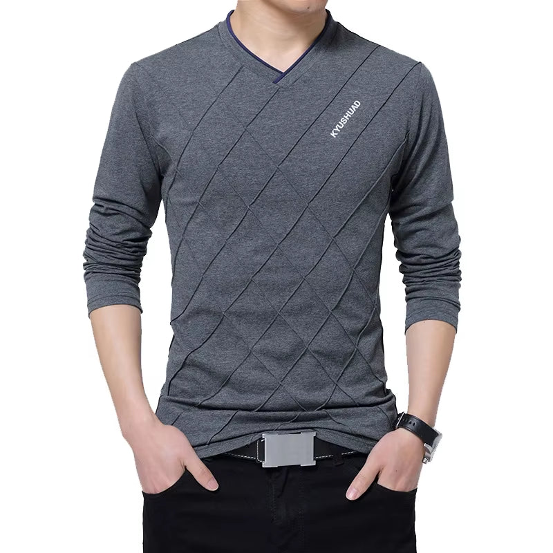 2025 Fashion Men T-Shirt Slim Fit Custom T-Shirt Crease Design Long Stylish Luxury V Neck Fitness T-Shirt Tee Shirt Homme