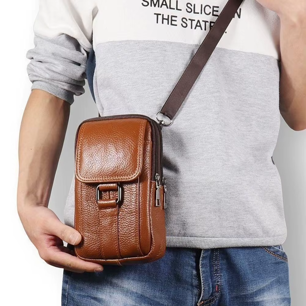 Men'S Messenger Bag Cowhide Leather Bag Male Mobile Phone Pouch Pocket Small Wallet Travel Waist Bag Multi-Pockets Chest Bag New