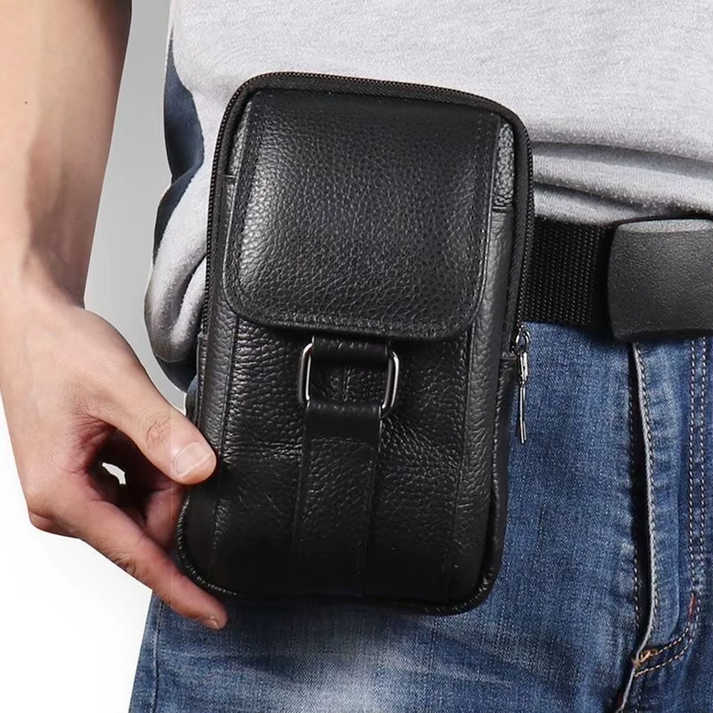 Men'S Messenger Bag Cowhide Leather Bag Male Mobile Phone Pouch Pocket Small Wallet Travel Waist Bag Multi-Pockets Chest Bag New