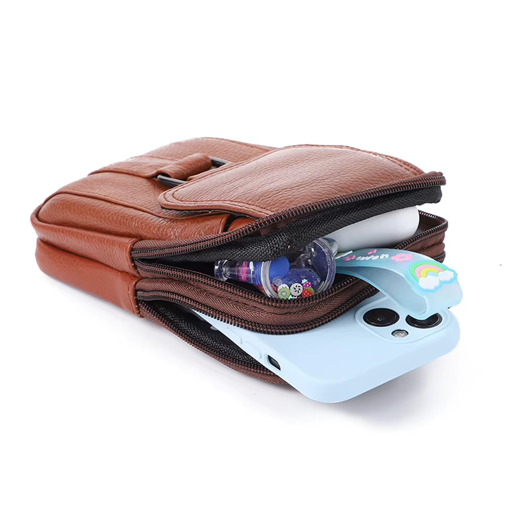 Men'S Messenger Bag Cowhide Leather Bag Male Mobile Phone Pouch Pocket Small Wallet Travel Waist Bag Multi-Pockets Chest Bag New