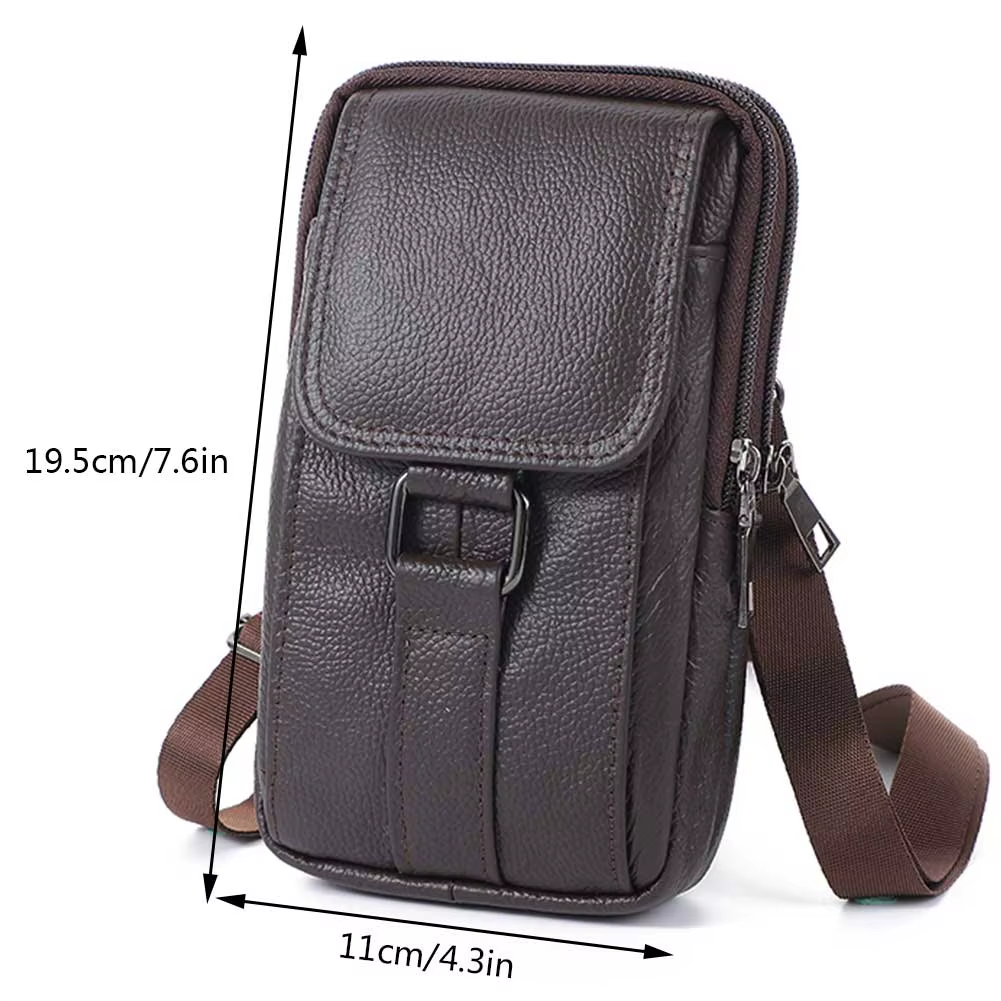 Men'S Messenger Bag Cowhide Leather Bag Male Mobile Phone Pouch Pocket Small Wallet Travel Waist Bag Multi-Pockets Chest Bag New