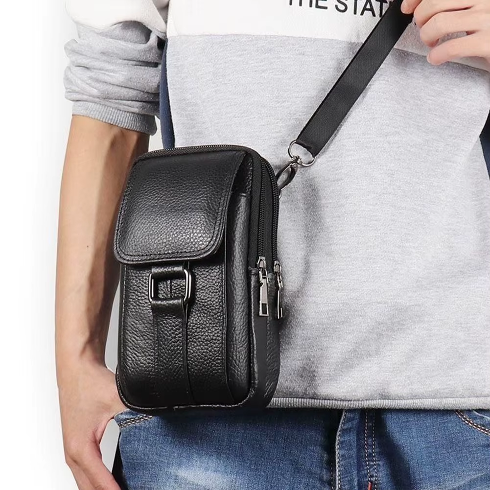 Men'S Messenger Bag Cowhide Leather Bag Male Mobile Phone Pouch Pocket Small Wallet Travel Waist Bag Multi-Pockets Chest Bag New