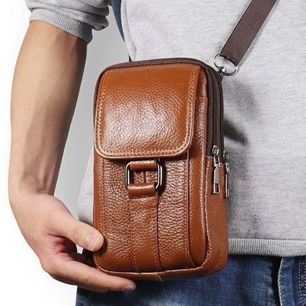 Men'S Messenger Bag Cowhide Leather Bag Male Mobile Phone Pouch Pocket Small Wallet Travel Waist Bag Multi-Pockets Chest Bag New