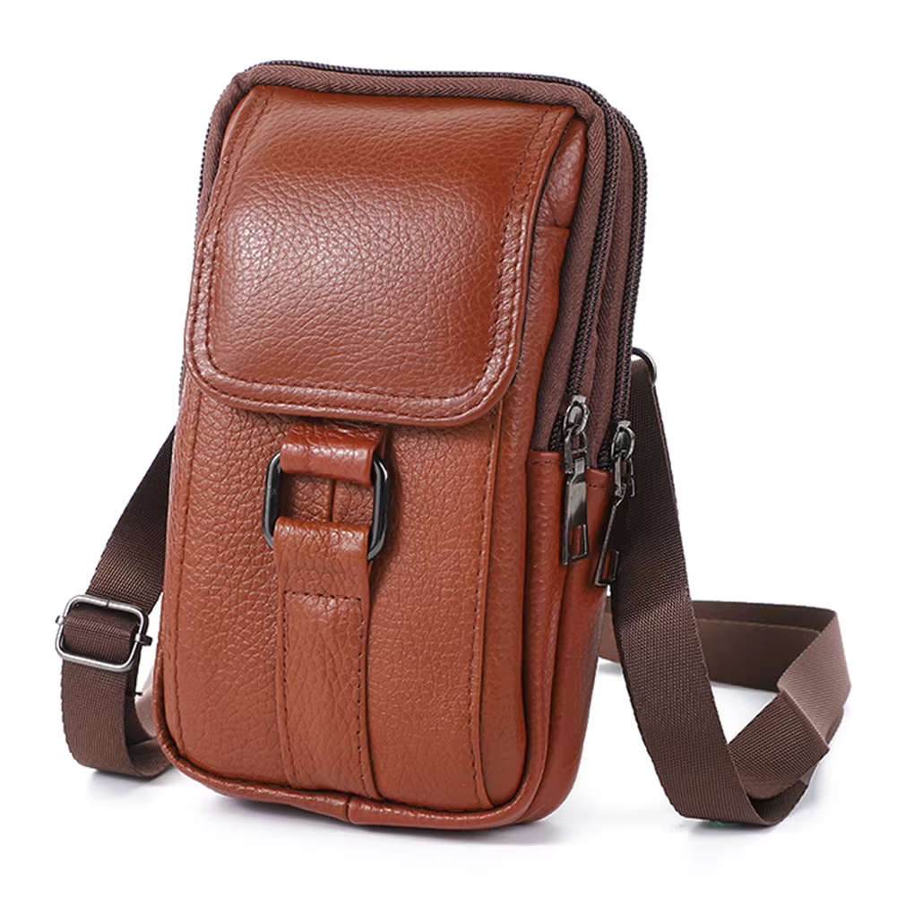 Men'S Messenger Bag Cowhide Leather Bag Male Mobile Phone Pouch Pocket Small Wallet Travel Waist Bag Multi-Pockets Chest Bag New