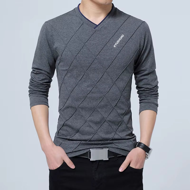 2025 Fashion Men T-Shirt Slim Fit Custom T-Shirt Crease Design Long Stylish Luxury V Neck Fitness T-Shirt Tee Shirt Homme